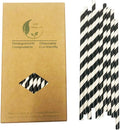 Biodegradable Black Striped Paper Straws, Pack of 100 Disposable Black White Stripes Paper Drinking Straw for Restaurants, Juices, Smoothies