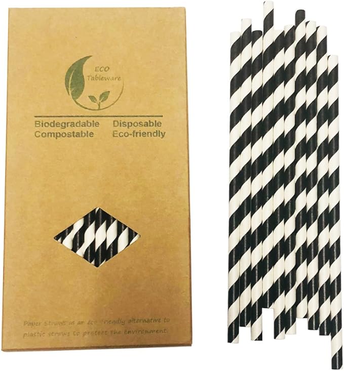 Biodegradable Black Striped Paper Straws, Pack of 100 Disposable Black White Stripes Paper Drinking Straw for Restaurants, Juices, Smoothies