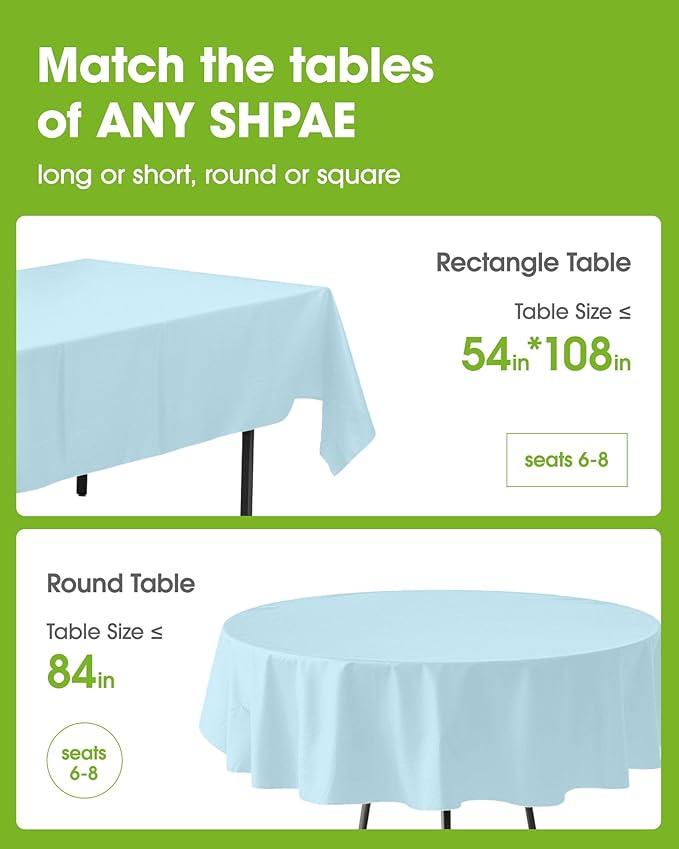 Pureegg Plastic Table Cloth Disposable 10 Pack, 54 x 108 Inch Table Cloths, Easter Party, Picnic, Wedding, Decorative Tablecloths, Rectangle, Baby Blue Plastic Cover, Leakproof & Sturdy, Light Blue