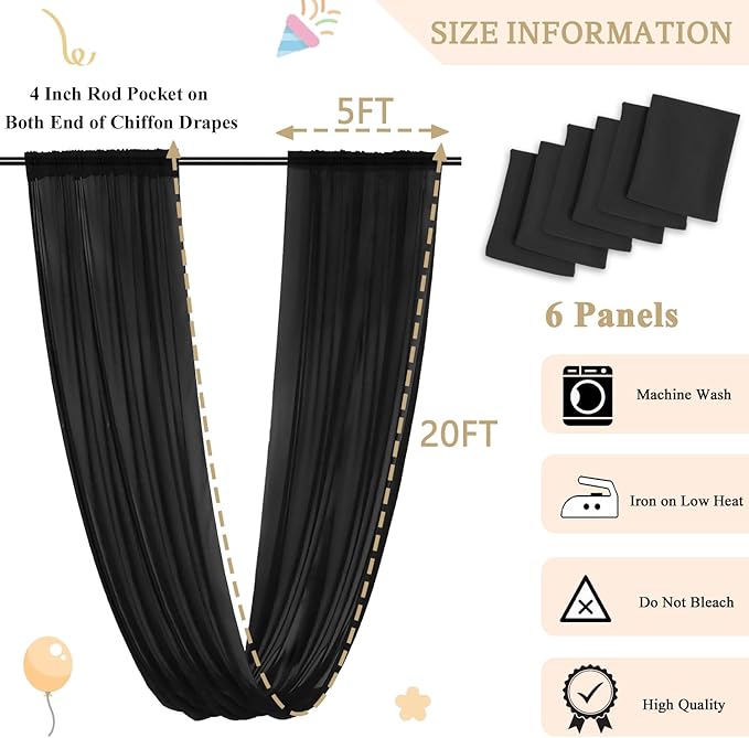MODFUNS Black Ceiling Drapes Wedding Arch Draping Fabric 5x20ft 6 Panels Chiffon Sheer Ceiling Curtain Elegant Ceiling Draping Fabric for Wedding Ceremony Party Ceiling Decoration