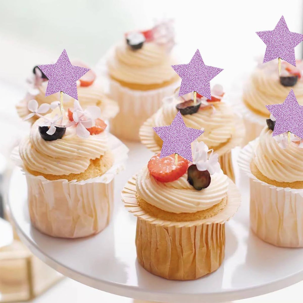 Purple Cupcake Toppers Glitter Stars Cake Toppers Twinkle Twinkle Little Star Birthday Cupcake Toppers Wedding Party Cake Decorations,50Pcs