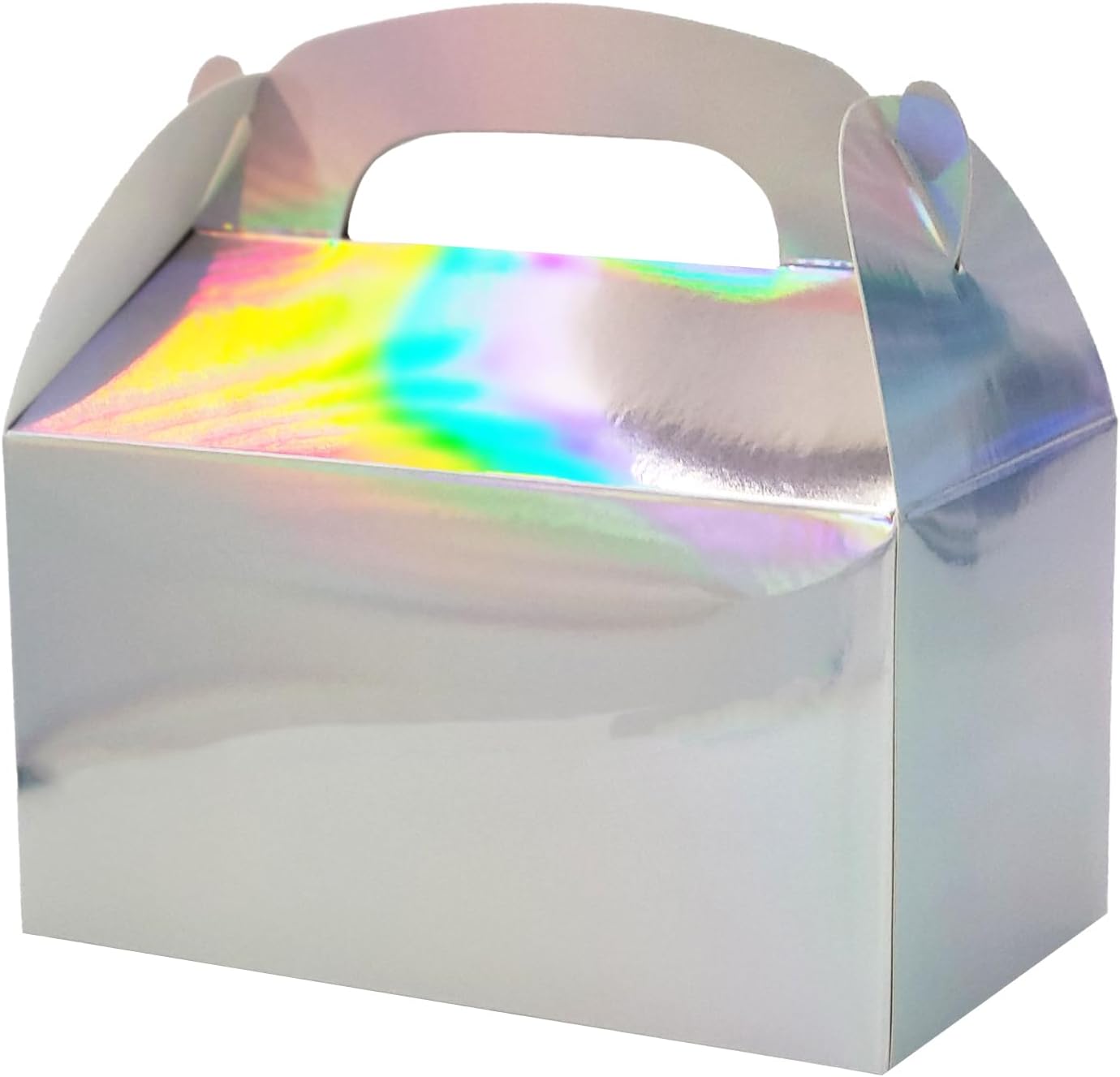 The Dreidel Company 12-Pack Iridescent Silver Gable Treat Boxes, Goodies Favor Box for Kids Birthday Party Favors, Weddings Events, Baby Shower, 6.25" x 3.5" x 3.5" Inch Box Iridescent Treat Box