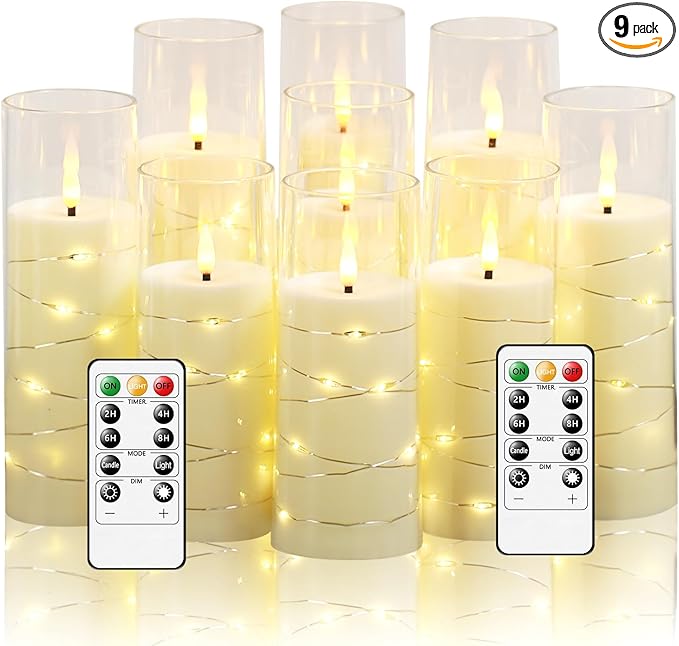Flickering Flameless LED Candles,Battery Operated Candles 9 Pcs with Embedded Star String,Acrylic LED Pillar Candles with Remote,Suitable for Home Decoration to Create an Atmosphere (Ivory)