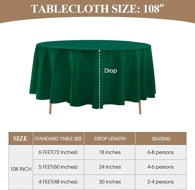 Round Tablecloth 6 Pack 108 Inch Dark Green Tablecloths Washable Decorative Linen Polyester Table Clothes Cover for Dining Table Banquets Buffet Parties and Wedding