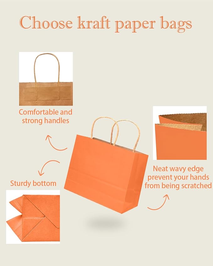 qiqee 100PCS Large Gift Bag with Handles Bulk 13"x4.5"x10" Gift Bags Kraft Orange Multiple Uses (32x11x25cm,Wide Large)