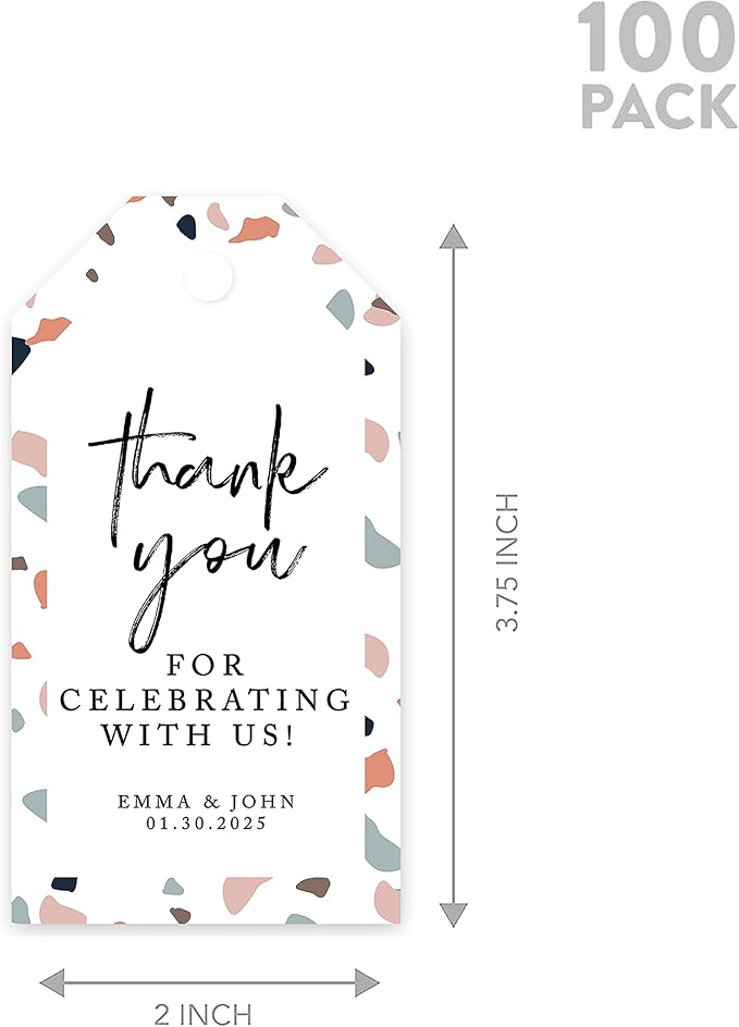 Andaz Press 100-Pack Personalized Thank You Tags with Bakers Twine Terrazzo Custom Cardstock Gift Tags for Wedding Party Favors 2 x 3.75-Inches