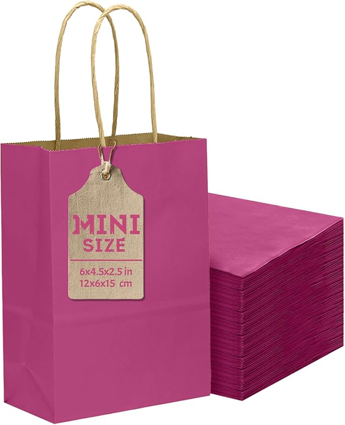 qiqee 24 Pcs Rosy Mini Paper Gift Bags with Handles 6"x4.5"x2.5" Small Brown Kraft Party Favor Treat Bags Multiple Uses (Mini size)