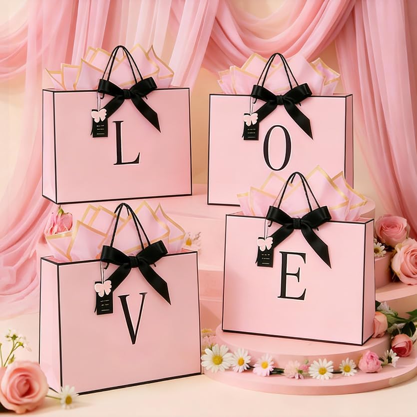 ZUKEPU Birthday Gift Bag, Personalized Initial Pink Gift Bags for Women & Girls, Medium Valentines Gift Paper Bags with Card and Tissue Paper, Stands up perfectly for Weddings, Party & All Holidays (Pink, A-Medium)