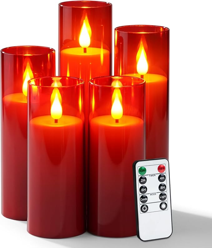 Amagic Red Flameless Candles with Remote, Battery Operated Candles with Timer, Acrylic Flickering LED Candles for Christmas Decor, 3D Wick, Warm Yellow Glow, D2.2 xH5 5" 6" 7" 8", Set of 5