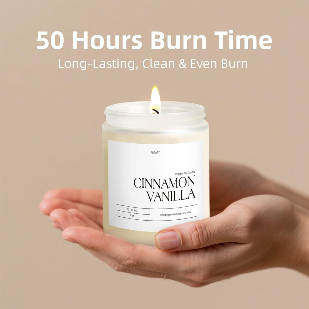 Cinnamon Vanilla Candles for Home Scented, Natural Soy Wax Aromatherapy Non Toxic Heavy Scented Candle with Essential Oil, Home Fragrance Stress Relief Jar Candles Gifts for Women & Men 9oz