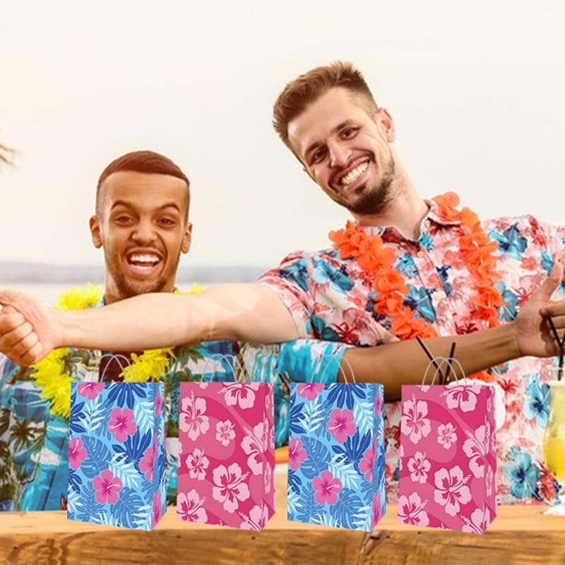 16 Pcs Cute Cartoon Pink Blue Hawaii Party Favor Bag Print Flower Patterns Gift Bags with Handles -Cartoon Themed for Hawaiian Tropical Birthday Supplies