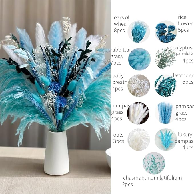 Blue Dried Flowers Bouquet with Pampas Grass - Boho Home Decor and DIY Floral Arrangements for Bedroom, Office, and Wedding Centerpieces