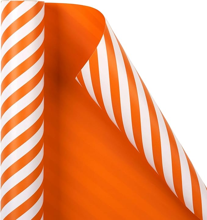 WRAPAHOLIC Reversible Wrapping Paper - Mini Roll - 17 Inch x 33 Feet - Orange and Stripes Design for Birthday, Wedding, Baby Shower, Holiday