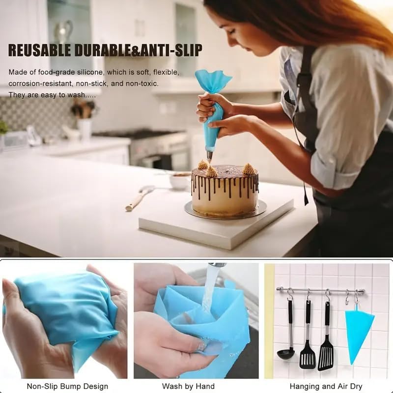 21 Pcs Piping Bags and Tips Set, Cake Decorating Tips Set with 12 Stainless Steel Piping Tips, 2 Reusable Pastry Bag 2 Couplers, 3 Scrapers and 2 Silicone Rings, Cake Piping Tool Supplies, Blue