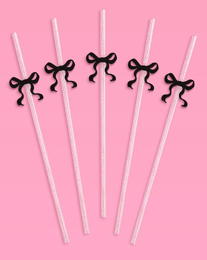 xo, Fetti Black Bow Reusable Straws, 12pcs - Clear Glitter Plastic | Birthday Drink Decorations, Coquette Drinkware, Tying the Knot Party Favor, Bachelorette Decor