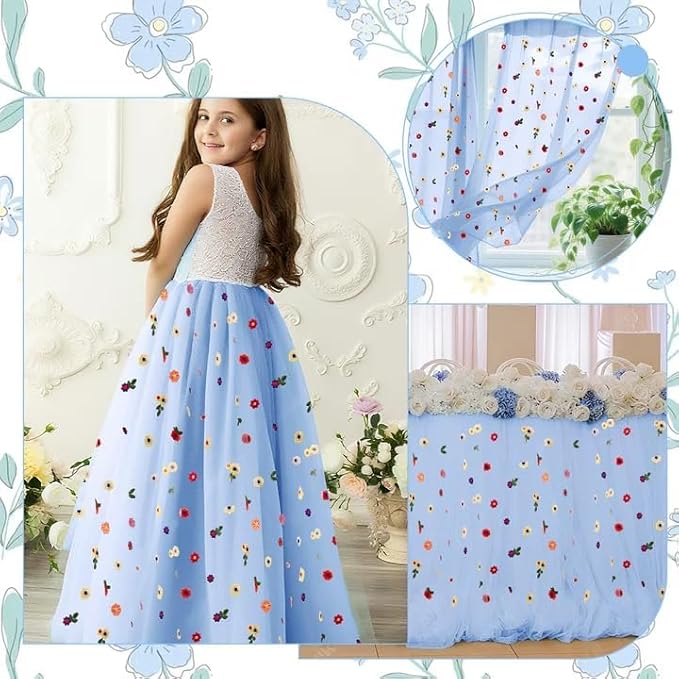 3PCS Blue Floral Table Runner 10 FT, Embroidery Daisy Table Runners Seasonal Sheer Tulle Table Runner for Thanksgiving Wedding Birthday Baby Shower Party ﻿