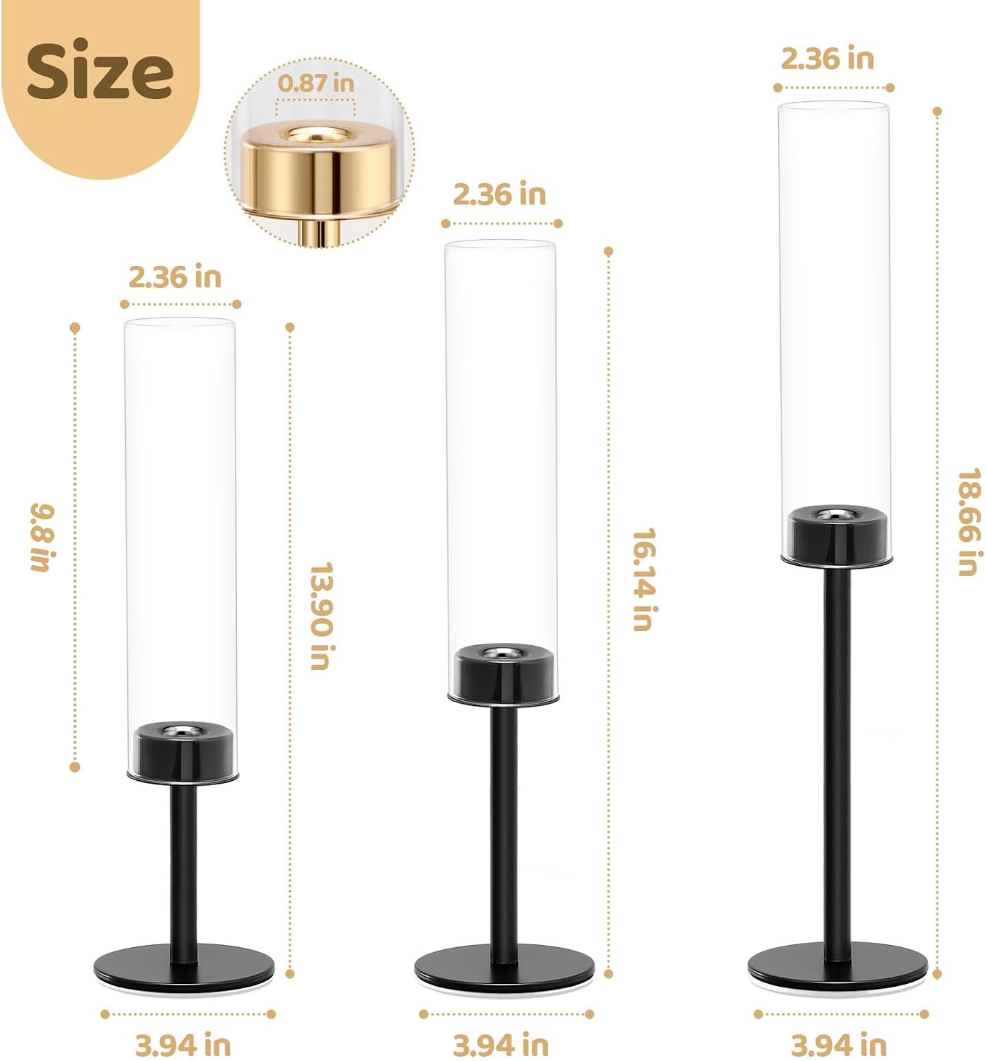 Black Hurricane Glass Candle Holders Set of 3 Tall Taper Candlestick Holder | Metal Candle Stick Holders, for Dining Dinner, Weddings, Christmas Fireplac Decorations, Table Centerpieces Decor