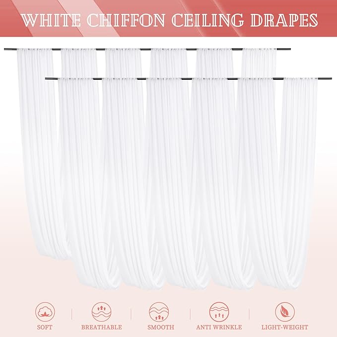 10 Panels White Ceiling Drapes for Wedding 5ftx20ft Sheer Drapery Chiffon Fabric Arch Draping Curtains for Party Ceremony Birthday Baby Shower Reception Stage Ceiling Decorations