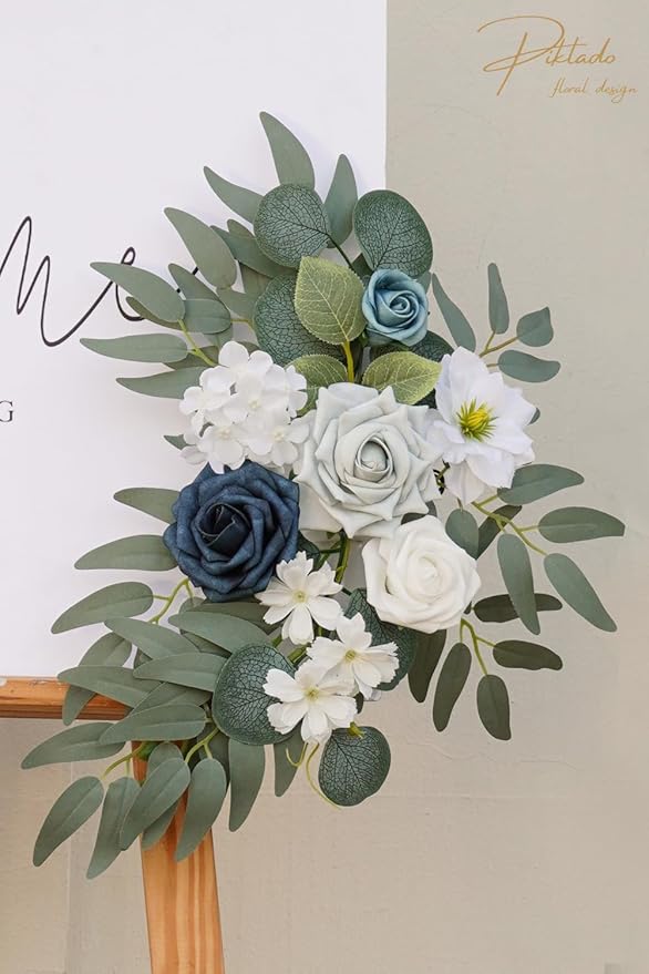 Faux Flower Swag Set of 2 for Wedding Welcome Signs Floral Swag Wedding Reception Ceremony Signs Decor (A-White Blue)