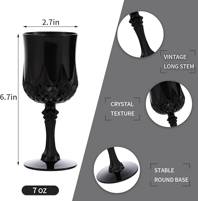 JLYLOL Plastic Vintage Wine Glasses 7OZ Plastic Goblets Vintage Drinking Glasses 24PCS Retro Wedding Glassware Water Goblets Reusable Drinking Cups for Party,Reception,Celebration,Bar,Whiskey(Black)