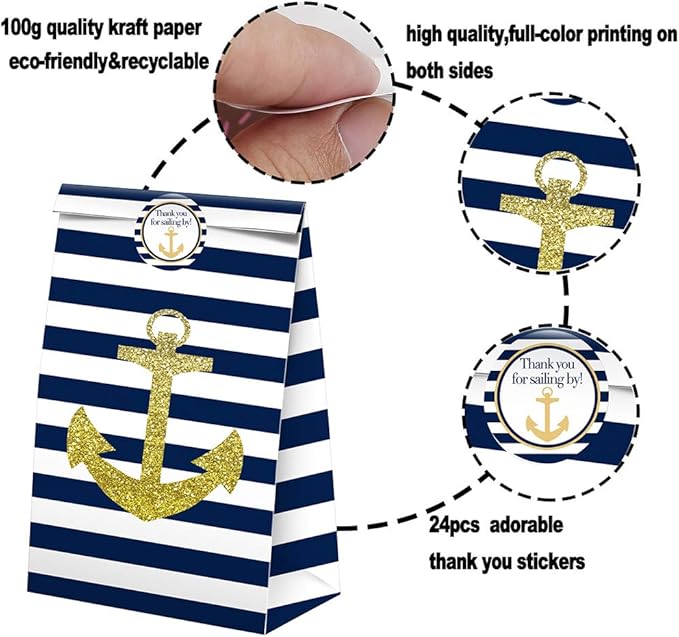SamPartyShop Nautical Goodie Bags - 24 Pcs Nautical Party Favors Candy Bags with Stickers, Nautical Goody Gift Treat Bags Nautical Themed Birthday Party Supplies
