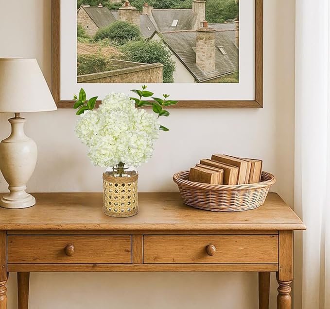 Hollyone White Hydrangea Artificial Flowers in Woven Glass Vase with Faux Water Silk Hydrangeas Fake Flowers Floral Arrangement for Home Indoor Bathroom Kitchen Office Table Centerpiece Shelf Decor