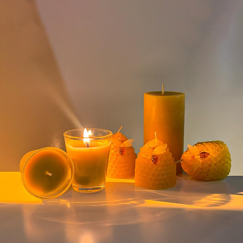Beeswax Candles Set of 6pcs, Bee Candles with Little Bee Ornament Decors, Unscented & Dripless& Smokeless, Dia 1.77" x1.97" Each, Yellow