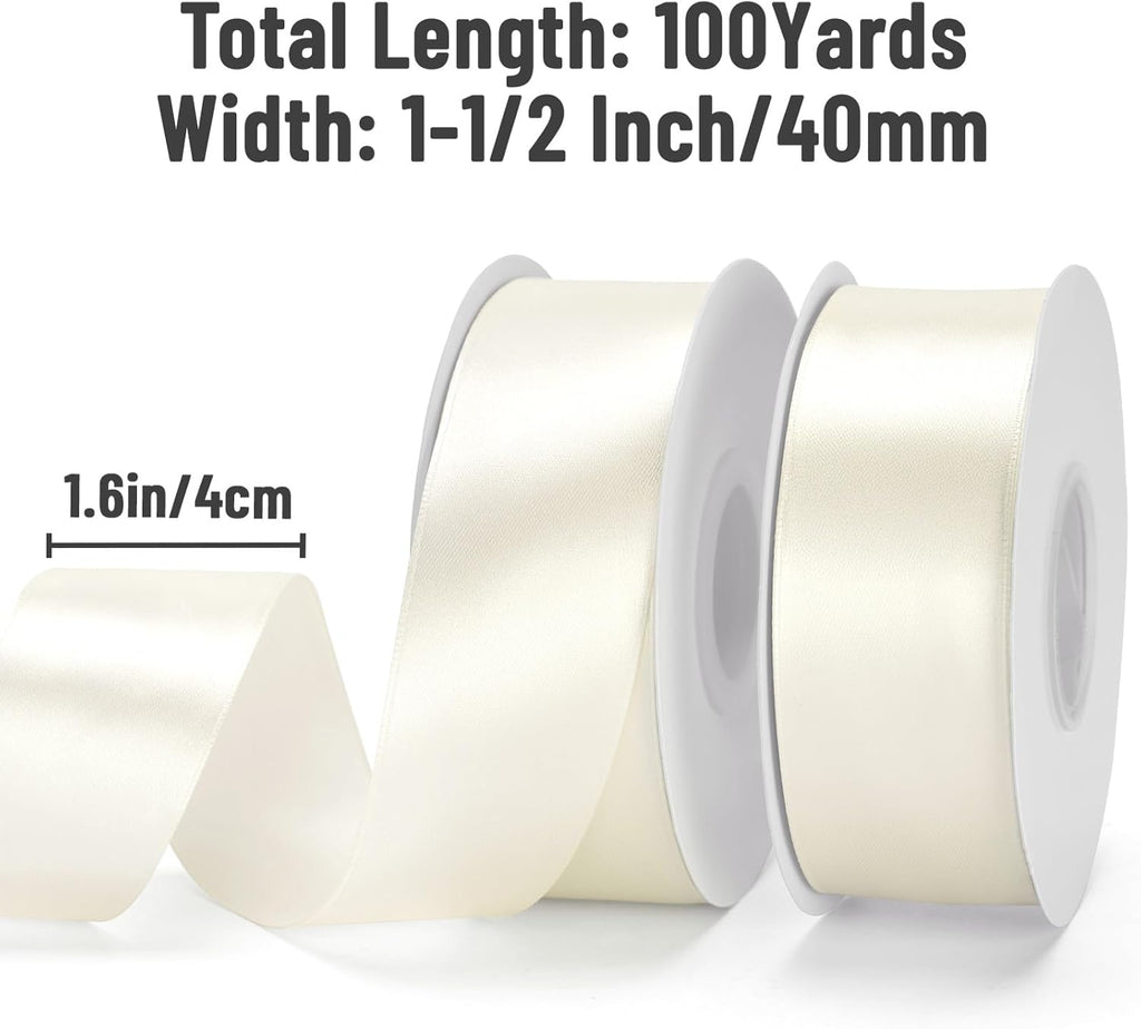 KINGLAKE Ivory Satin Ribbon - 1-1/2 Inch x 2 Rolls Cream Ribbon 100 Yards Beige Ribbons for Gift Wrapping Roses Making Flower Bouquet Crafts Wreath Bow Wedding Bridal Shower Baby Shower Birthday Decor