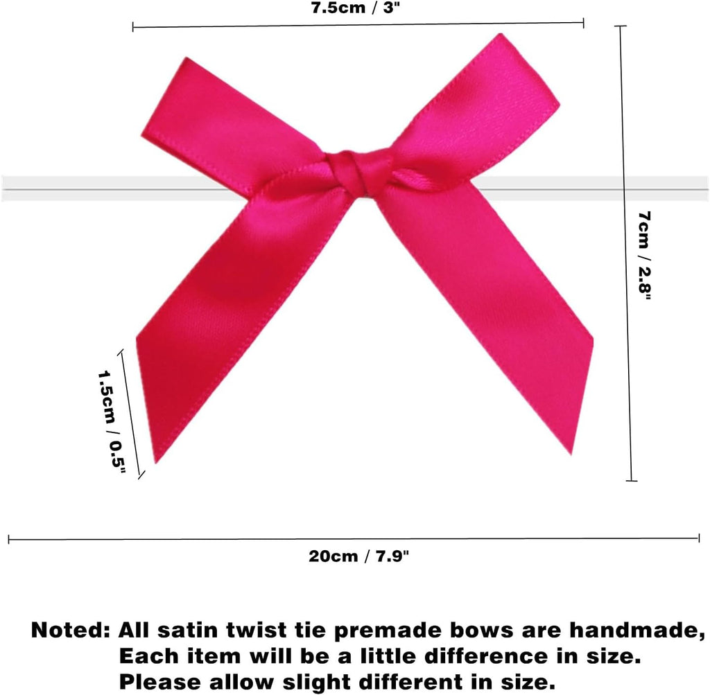 60 PCS 3 Inch Rose Pink Twist Tie Bows for Treat Bags, Twist Ties with Bows, Satin Twist Tie Bows for Cake Pop, Pretied Bows with Twist Ties, Bow Ties for Gift Bags, Cookie Bags, Popcorn Bags