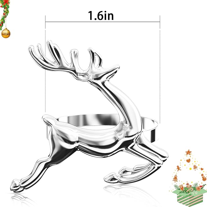 ZeeDix Silver Reindeer Christmas Napkin Rings Set of 12, Napkin Holder Ring for Christmas Dinner Table Decor Cloth Napkins, Wedding Receptions, Holiday Party, Banquet and Home Kitchen