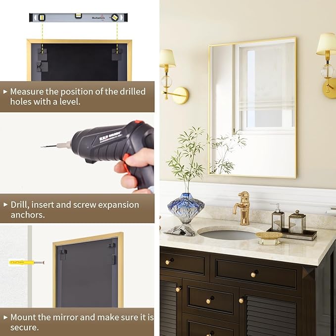BEAUTYPEAK Gold Bathroom Wall Mirror - 24" x 36" Rectangular Mirror with Metal Frame, Hangs Horizontal or Vertical for Living Room Bedroom Bathroom Entryway