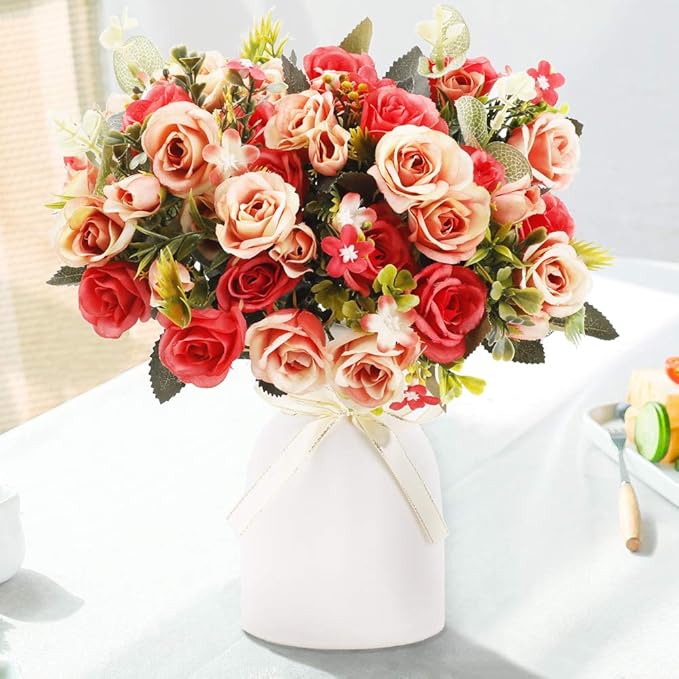 LESING Artificial Silk Rose with Vase Fake Flowers Wedding Flowers Bouquets Arrangement Home Office Party Centerpiece Table Decoration (Red)