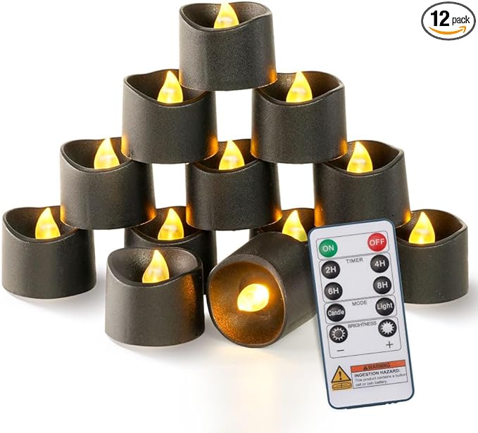 Homemory 12pcs Black Remote Timer LED Tea Lights Candles, 400+Hours Flickering Flameless Battery Votive Tealights for Tabletop Lighting, Centerpieces Decor, Holiday, Warm White Glow