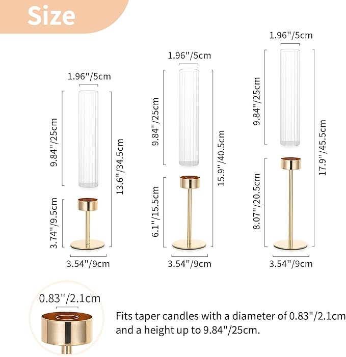 NUPTIO Hurricane Glass Candles Holder: 18 Pcs Gold Taper Candle Stick Holder Bulk - Modern Candlestick Decor with Tall Ribbed Chimney Sleeve for Thanksgiving Christmas Centerpiece