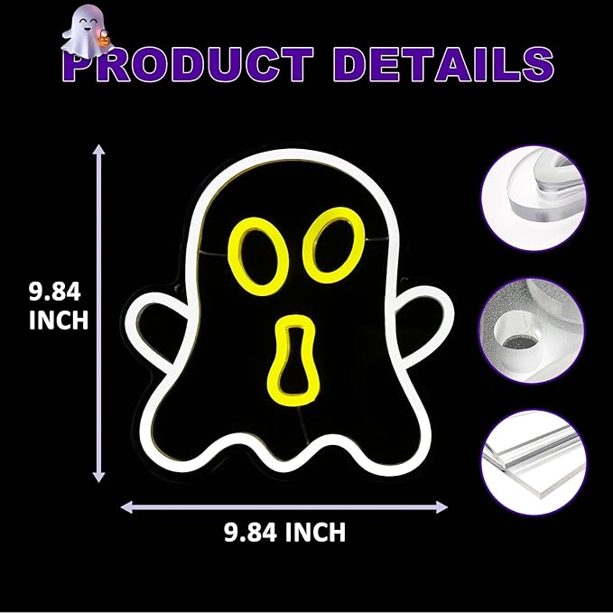 Halloween White Ghost Neon Sign Halloween, USB Halloween Neon LED Light for Wall Decor, White Ghost Halloween Sign Decorations for Home Bar Salon Coffee Stores Porch Front Door