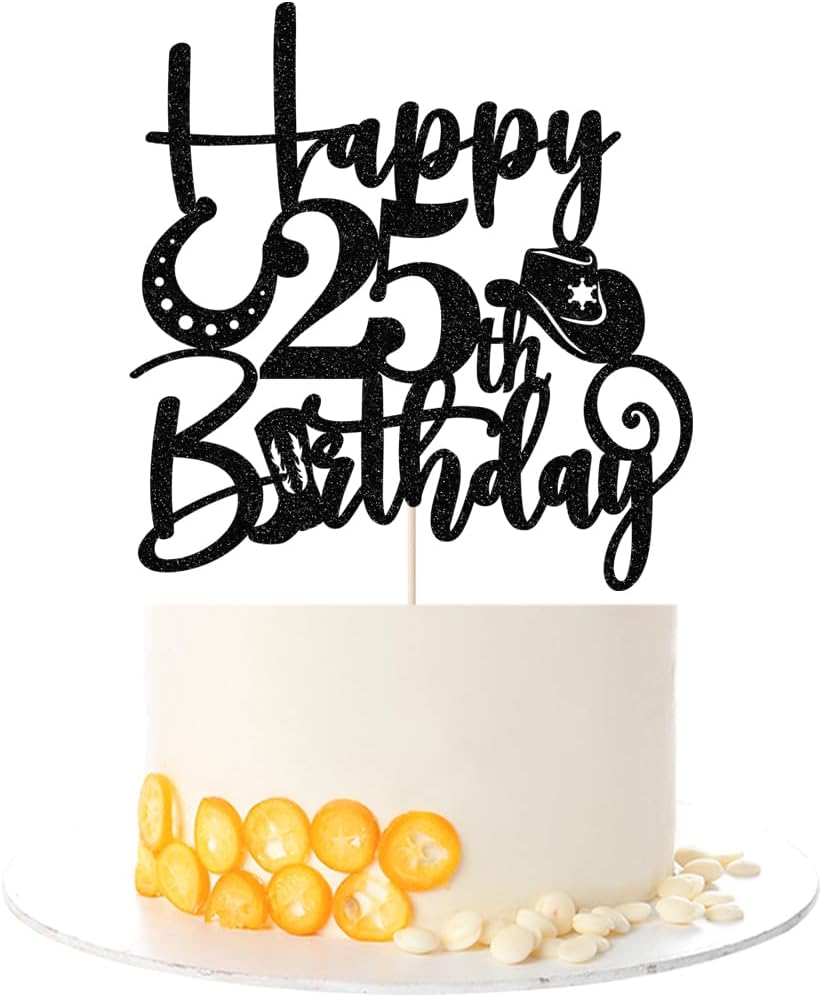 Kaoenla Glitter Black "Happy 25th Birthday" Cowboy Themed Cake Topper - Western Style Party Decoration for 25th Birthday & anniversary photo props Celebration