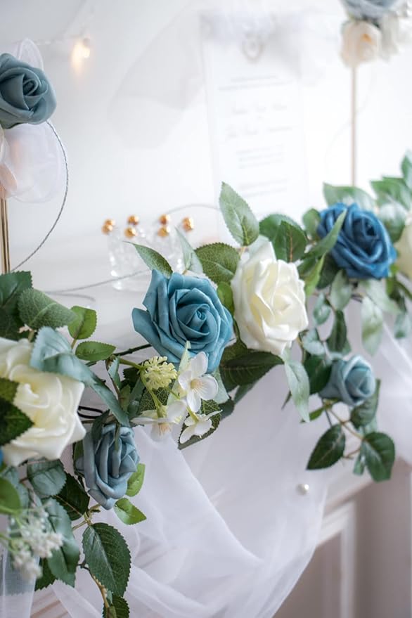 PONATIA 5FT Handcrafted Artificial Rose Flower Garland, Dusty Blue Flowers Greenery Garland for Wedding Ceremony Garlands Backdrop Arch Flowers, Ceremony Reception Table Decorations