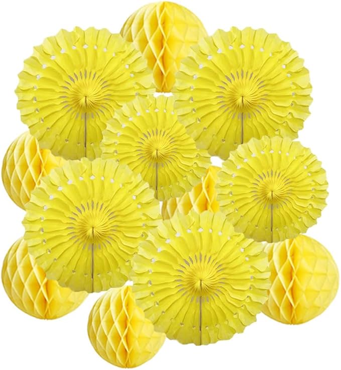 12pcs 6’’ 8’’ Honeycomb Balls Tissue Paper Fans Party Honeycomb Ball Fans Wall Tissue Pom Poms Flower Balls Hanging Paper Fans for Party Baby Shower Birthday Wedding Nursery Wall Decor(Yellow kit)