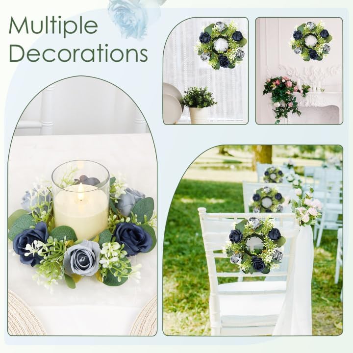 Blue Rose Candle Rings with Flameless Candles Sets - 4PCS Artificial Flower Eucalyptus Wedding Centerpiece 3 Inch Pillar Candleholders Wreaths for Wedding Party Decor (Blue - 2 Sets)