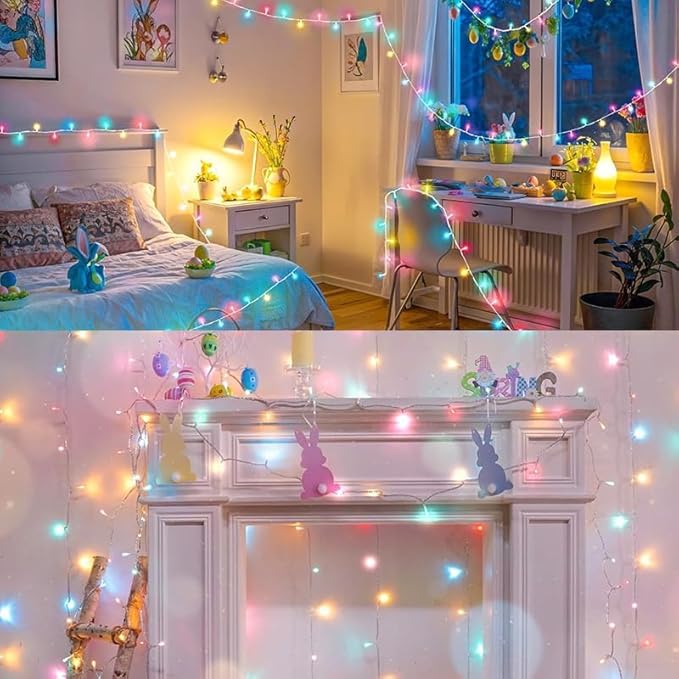 LAMPHOME Colorful String Lights, 66 ft 200 LED Pastel Easter Lights 11 Modes Plug in,transparant Wire Twinkle Fairy Lights for Spring Bedroom(Lighted up in Pink Red Yellow Blue Green Color)