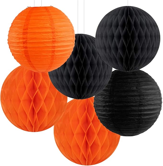 Black Orange White Halloween Party-Decorations - 14pc Kit Paper Lanterns Fan,Tissue Flower Pom Poms Streamers,Honeycomb Balls,Graduation 2024 Birthday Wedding Baby Bridal Shower Decor Lasting Surprise