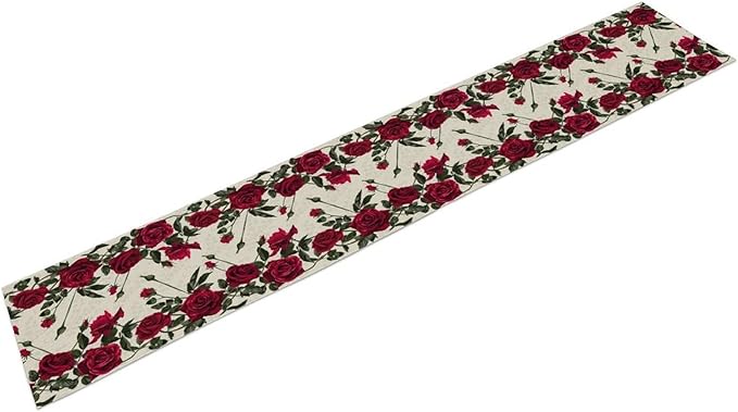 Rose Table Runner, Retro Red Rose Flowers Green Leaves Valentine's Day Kitchen Dinning Table Runner for Indoor Outdoor Home Wedding Party Holiday, 13x70 Inch