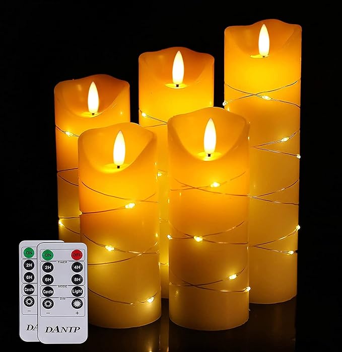 LED flameless Candle, with Embedded Starlight String,（ danip)5-Piece LED Candle, with 10-Key Remote Control, 24-Hour Timer Function, Dancing Flame, Real Wax, Battery-Powered. (Ivory White)