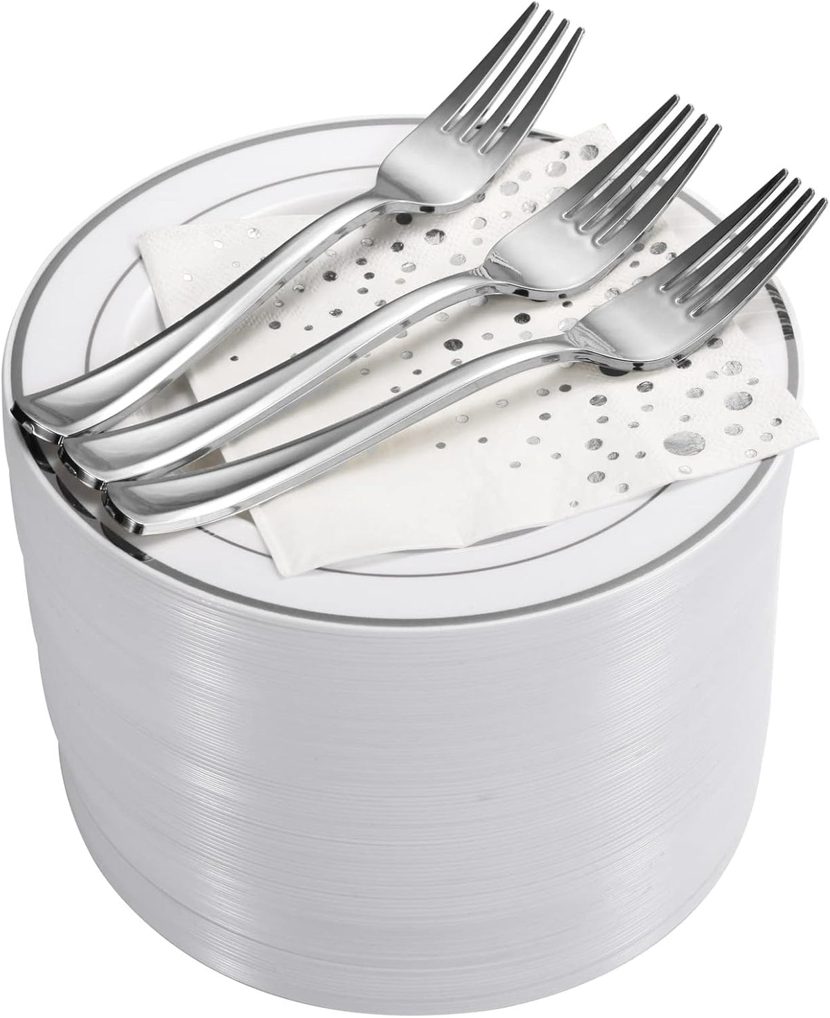 silver dessert plates set, 100 wedding plates, forks, main product view