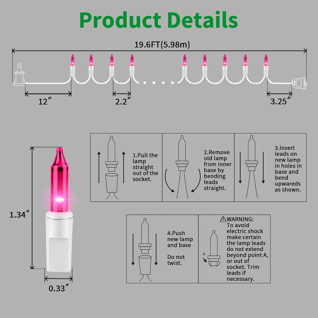 LAMPHOME Pink Christmas Lights Set 100 Count 19.6 Feet Incandescent Bulb Mini String Lights for Indoor Christmas Tree Garland Birthday Wedding Party Festival Decoration, White Wire