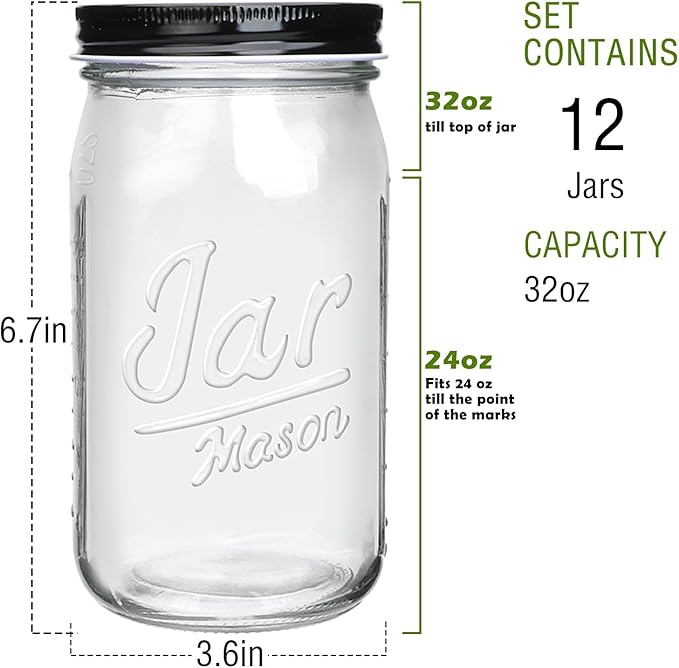 QAPPDA Wide Mouth Mason Jars 32 oz 12 Pack, Large Glass Jars Canning Jar with Lids for Pickling, Storage Food, Meal Prep, Jams, and Spices