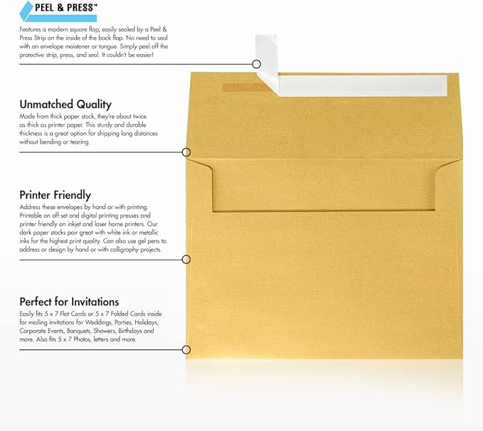 LUXPaper A7 Invitation Envelopes | Peel & Press | 5 1/4" x 7 1/4" | Gold Metallic | 80lb. Text | 500 Qty