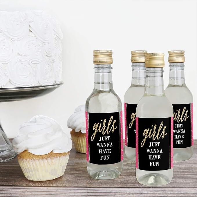 Big Dot of Happiness Girls Night Out - Mini Wine and Champagne Bottle Label Stickers - Bachelorette Party Favor Gift for Women and Men - Set of 16