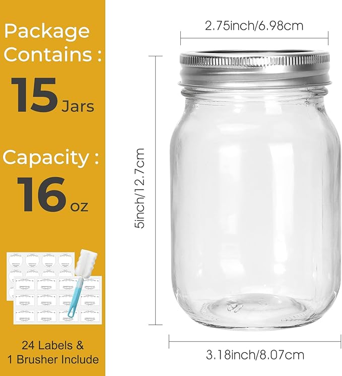 CycleMore 16 oz Mason Jars With Airtight Lids and Brands 15 Pack Glass Canning Jars with Regular Mouth, Pint Clear Glass Jar For DIY Projects, Food Storage and Fermenting with Brush & 24 Labels