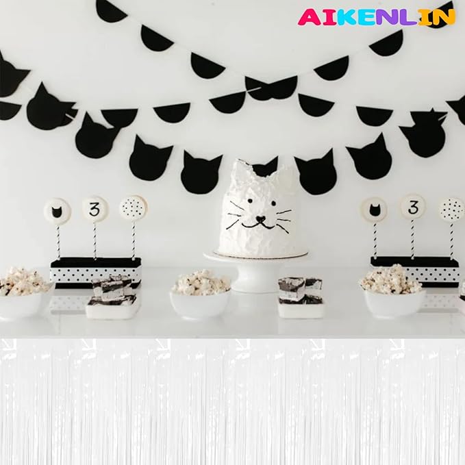 6 Pack 29x108 Inch Metallic Foil Fringe Tinsel Table Skirts Banner for Rectangle Tables Streamer Garland Curtains Backdrop for Wedding, Birthday, Parade Floats Party Decoration(White)
